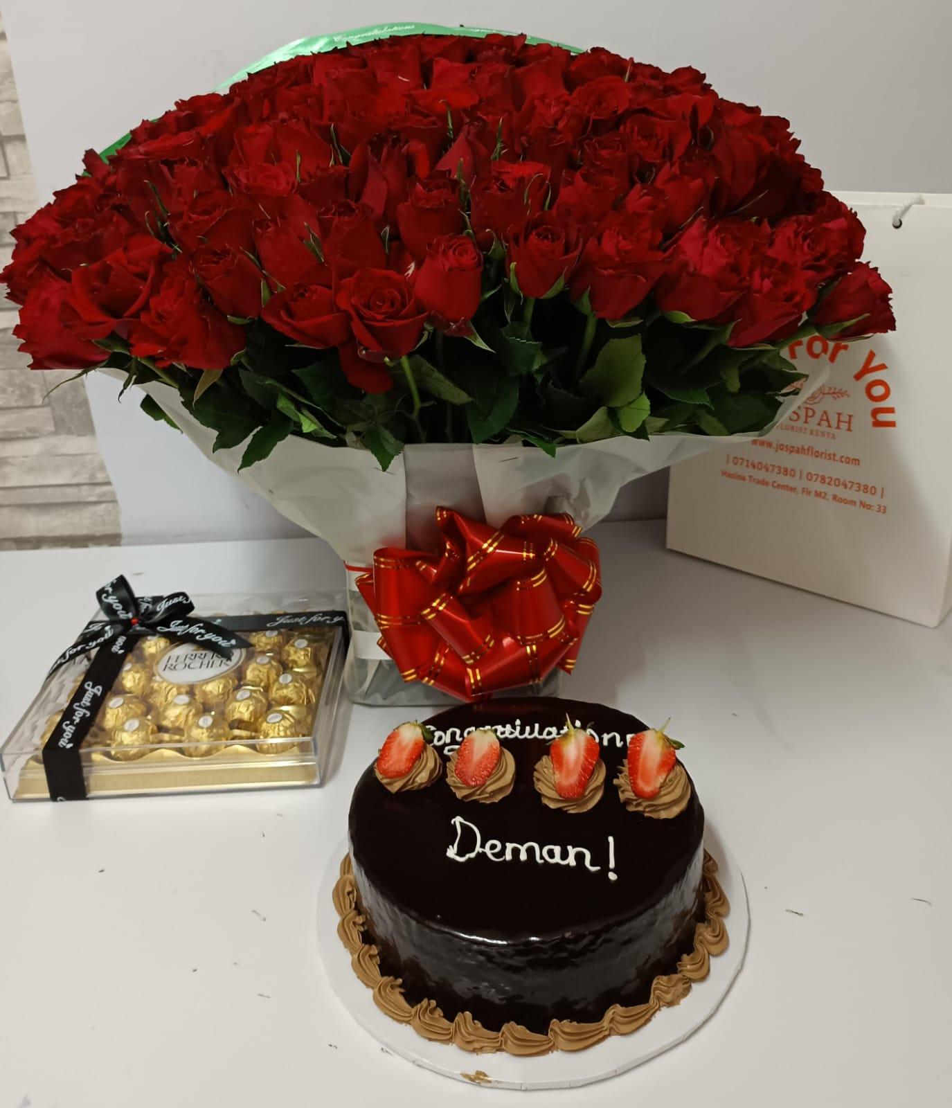 100 Red roses, fererro chocolates and 1kg cake