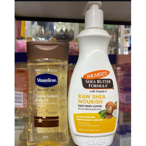 Vaseline 2 In 1 SELFCARE SET: Intensive Care Cocoa Radiant Body Oil + Palmer's Raw Shea Body Lotion