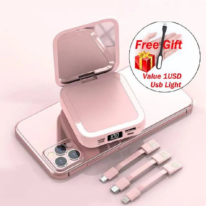LED Digital Display 10000Mah Mini Makeup Mirror with LED Digital Mirror Built-in Removable 3 Cable Mobile Power Bank