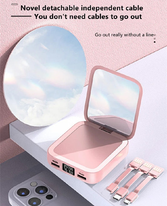 LED Digital Display 10000Mah Mini Makeup Mirror with LED Digital Mirror Built-in Removable 3 Cable Mobile Power Bank