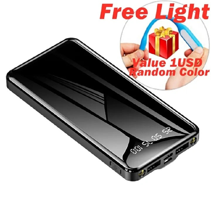 2A Fast Charging 10000mAh Charging Power Bank Dual UsB Universal Portable Mirror Black Power Charging Bank Suitable for Android iPhone with Usb Light as Gift