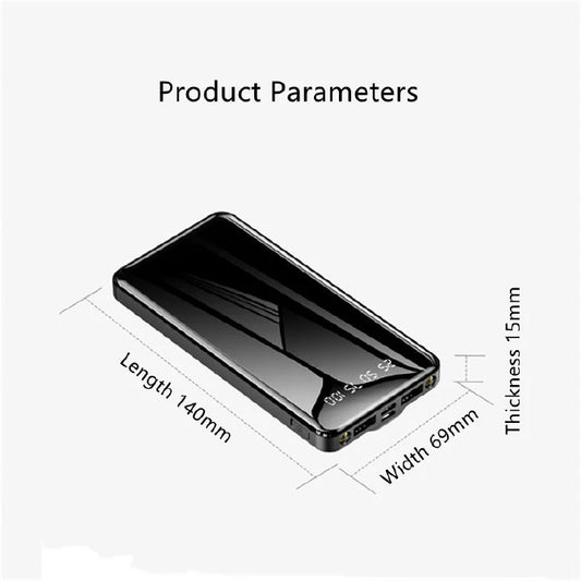 2A Fast Charging 10000mAh Charging Power Bank Dual UsB Universal Portable Mirror Black Power Charging Bank Suitable for Android iPhone with Usb Light as Gift