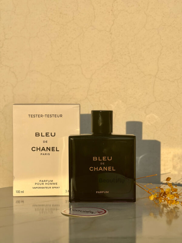 Bleu de Chanel Parfum by Chanel – 100ml Tester for Men Plus free 5 travel spray and Deodorant
