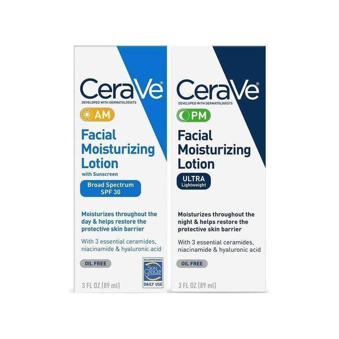 Ceravee.AM Facial Moisturizing Lotion SPF 30 (89ml) + PM Facial Moisturizing Lotion (89ml) – Day & Night .Hydrating Face Cream Duo with Ceramides, Niacinamide & Hyaluronic Acid.