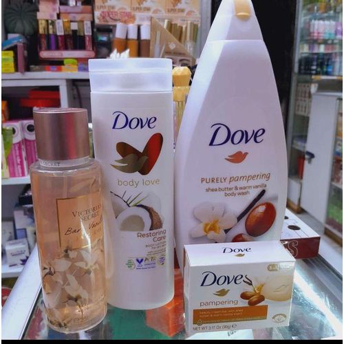 Dove 4 In 1 BODYCARE SET: Restoring Care Body Lotion + Purely Pampering Body Wash + Bare Vanilla La Creme Fragrance Mist + (FREE GIFT Pampering Soap)