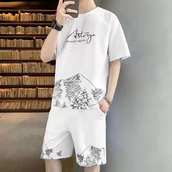 2 PCS 2 in 1 Men Clothes T-Shirts tshirts Shorts Polos Men Suits Fashion Summer Print Round Neck Short Sleeve Shorts T-Shirt Sets