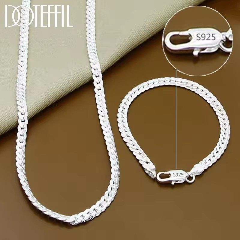 2Pcs/set 925 Sterling Silver Full Side Chain Necklace Bracelet Women Men Fashion Jewelry Set Wedding Gift