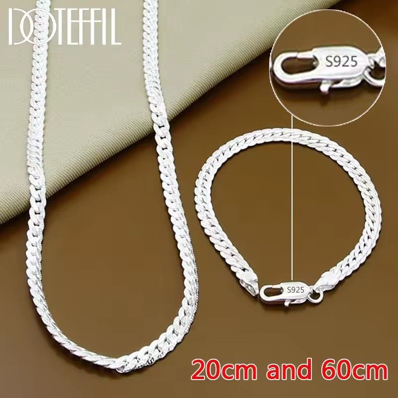 2Pcs/set 925 Sterling Silver Full Side Chain Necklace Bracelet Women Men Fashion Jewelry Set Wedding Gift