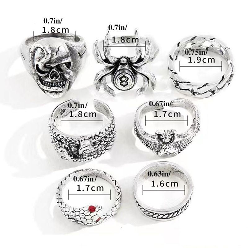 7Pcs/Set Trendy Hip-hop Rings Set for Men women Retro Vintage Spider Snake Bat Skull Ring Fashion Punk Boy Girl Birthday Jewelry Gifts