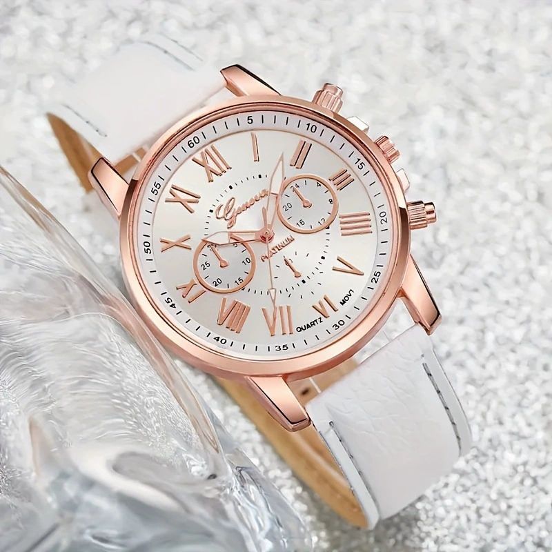 6PCS Fashion Women's Quartz Watch Leather Band Analog Wrist Watches Heart Rhinestone Jewelry Set