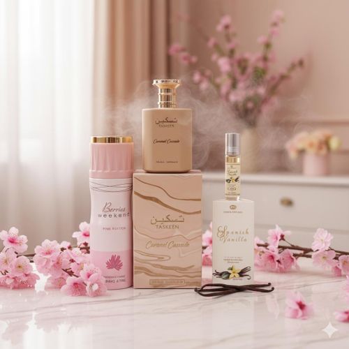 Paris Corner 3 in 1 SPECIAL OFFER!!!! Taskeen Caramel Cascade + Berries Weekend Pink Edition Perfumed Spray + ( FREE Spanish Vanilla Perfume Oil)