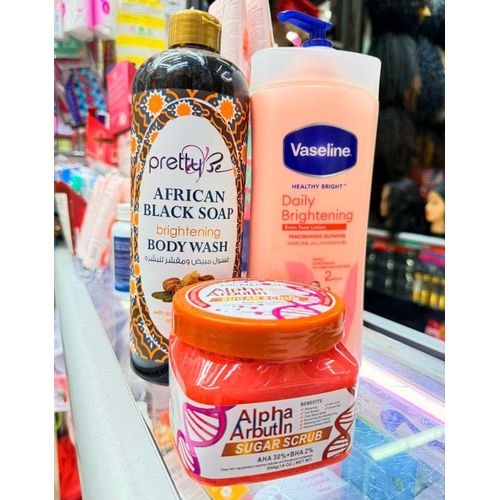 Vaseline 3 in 1 Body care Set: Daily Brightening Uv Lotion + Alpha Arbutin Body Scrub + African Black Wash Body Wash