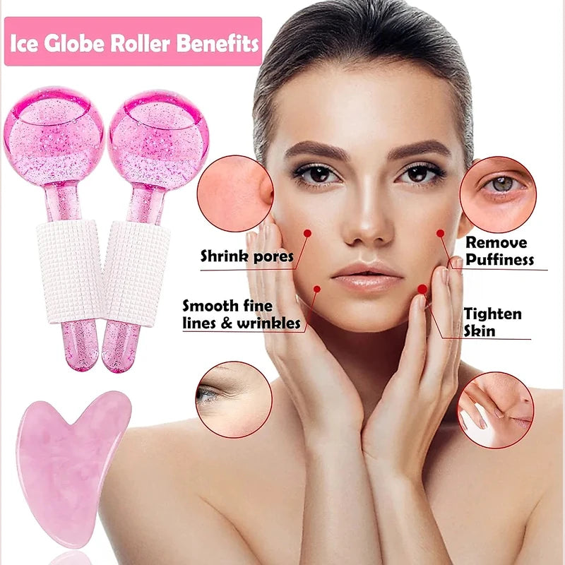 Ice Globe Roller Benefits with a woman touching her face and text indicating benefits.