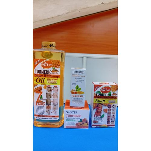 VEET GOLD 4 in 1 GLOWING PACKAGE: Tumeric Super Whitening Body Oil + DR MEINAIER Dark Spot Correction Serum + Sadoer Tumeric Face Cream + Tumeric Super Whitening Soap