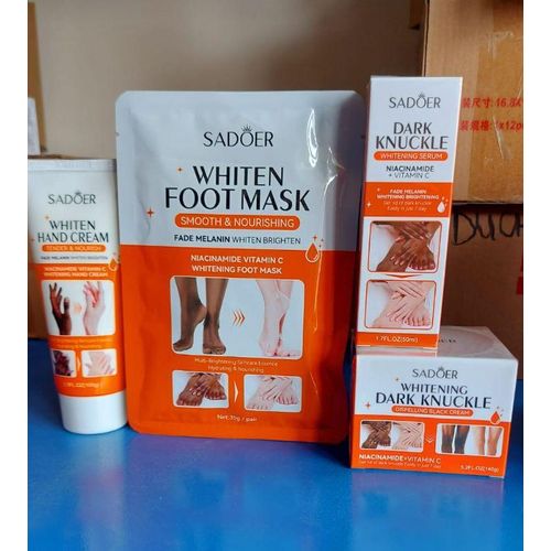 SADOER Complete 4 in 1 Dark Knuckles Set With Niacinamide + Vitamin C : Hand cream + Foot mask + Serum + Cream