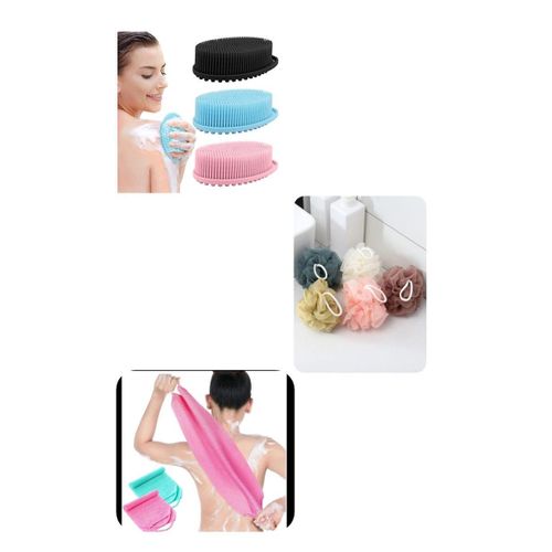 Clean 3 In 1 Shower Essentials: Silicone Bath Brush + Loofar + Exfoliating Bath Cloth