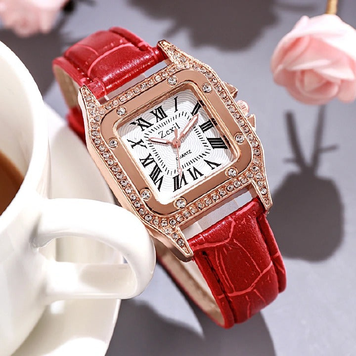 Women Diamond Watch Starry Square Dial Bracelet Watches Set Ladies Leather Band Quartz Wristwatch Female Clock Jewelry Gifts With Rhinestone Valentines Gift Couple Watches