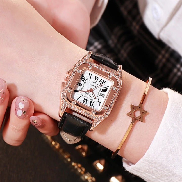 Women Diamond Watch Starry Square Dial Bracelet Watches Set Ladies Leather Band Quartz Wristwatch Female Clock Jewelry Gifts With Rhinestone Valentines Gift Couple Watches