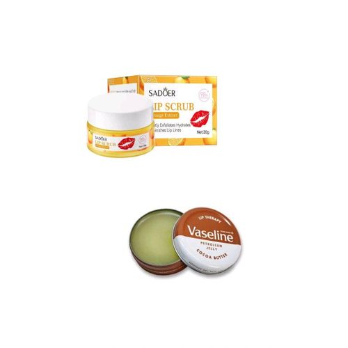 Vaseline 2 in 1 LIPCARE ESSENTIALS: Cocoa Butter Lip Therapy Balm + Sadoer Orange Extract Gentle Exfoliating Lip Scrub