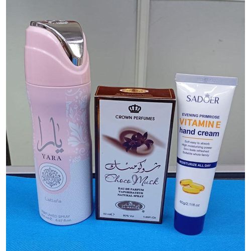Latafa 3 In 1 BEST OFFER!!!! Yara Body Spray + Choco Musk Perfume+ Vitamin E Moisturizing Hand Cream