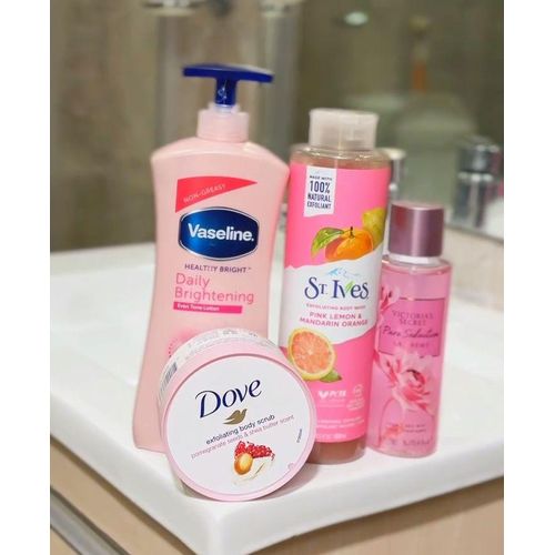 Vaseline 4 in 1 SELFCARE PACKAGE: Daily Brightening Even tone Lotion + St Ives Pink Lemon & Mandarin Orange + Dove Pomegranate Body Scrub + ( FREE Pure Seduction La Creme Body Mist )