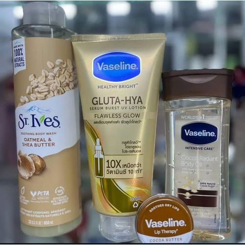 Vaseline 4 in 1 SPECIAL PACKAGE: Gluta-Hya Flawless Glow Lotion + Body Oil + Cocoa Butter Lip Therapy + Oatmeal & Shea butter Body wash