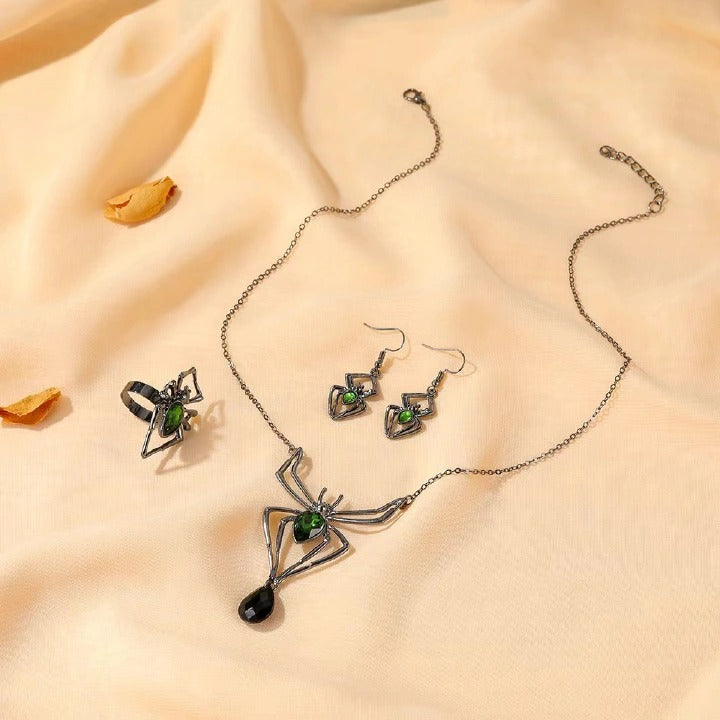 3 Pcs New Personalized Exaggerated Spider Necklace Earring Ring Vintage Emerald Set Accessories Valentine's Day Gift