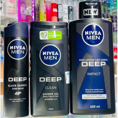 NIVEA MEN OFFER!!! 3 in 1 Men's Deep Impact Body Lotion 400ML+ Deep Clean Shower Gel 250ML+ Deep Deodorant Spray