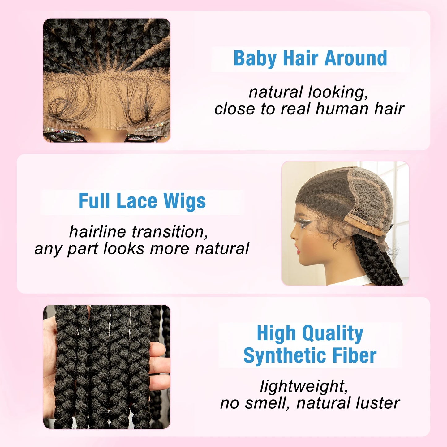 Synthetic Full HD Lace Braided Wigs with Baby Hair Curly Box Braids Wig for Black Women 38 Inches Lace Frontal Cornrow Hair Wig