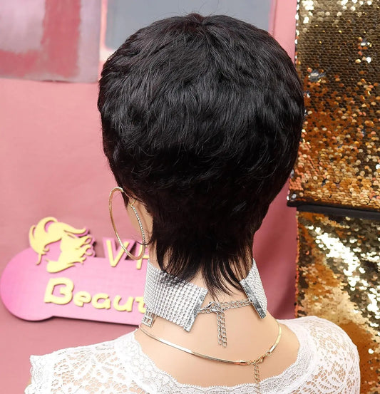 Black women's short elf style synthetic wig, fashionable wave layered wig with free hairnet