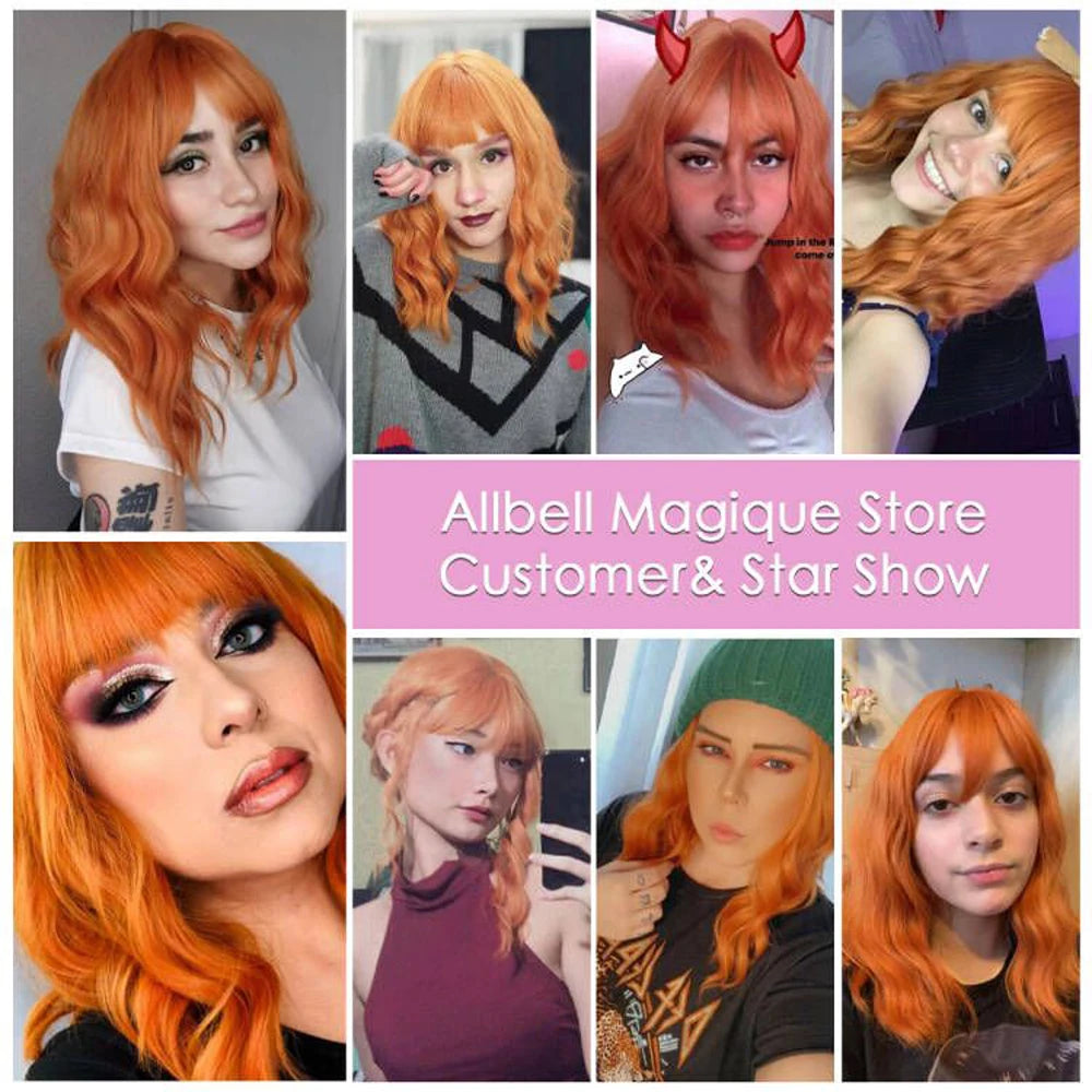 Short Copper Ginger Synthetic Natural Wavy Wigs Hair Orange Halloween Bob Wig with Bangs Heat Resistant for Women Cosplay Wig