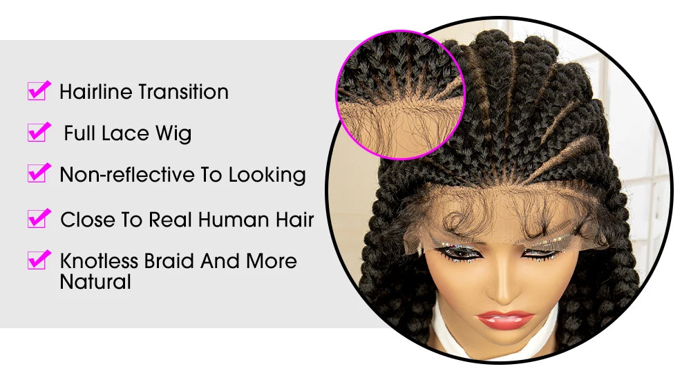 Synthetic Full HD Lace Braided Wigs with Baby Hair Curly Box Braids Wig for Black Women 38 Inches Lace Frontal Cornrow Hair Wig