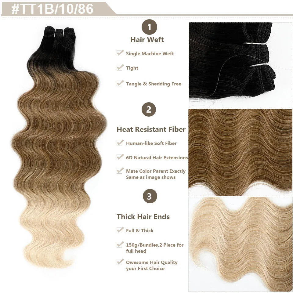 Magicae Ombre Bio Body Wave Hair Bundles 26"/30" Synthetic Hair Extensions Heat Resistant Soft Fiber Hair Weaving