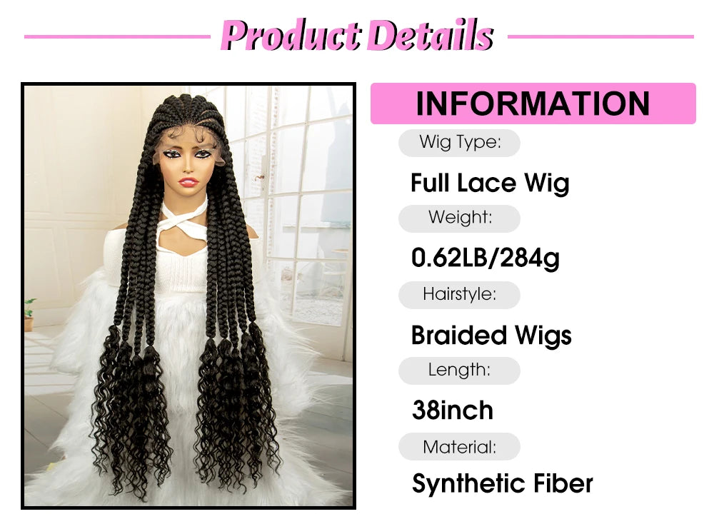 Synthetic Full HD Lace Braided Wigs with Baby Hair Curly Box Braids Wig for Black Women 38 Inches Lace Frontal Cornrow Hair Wig