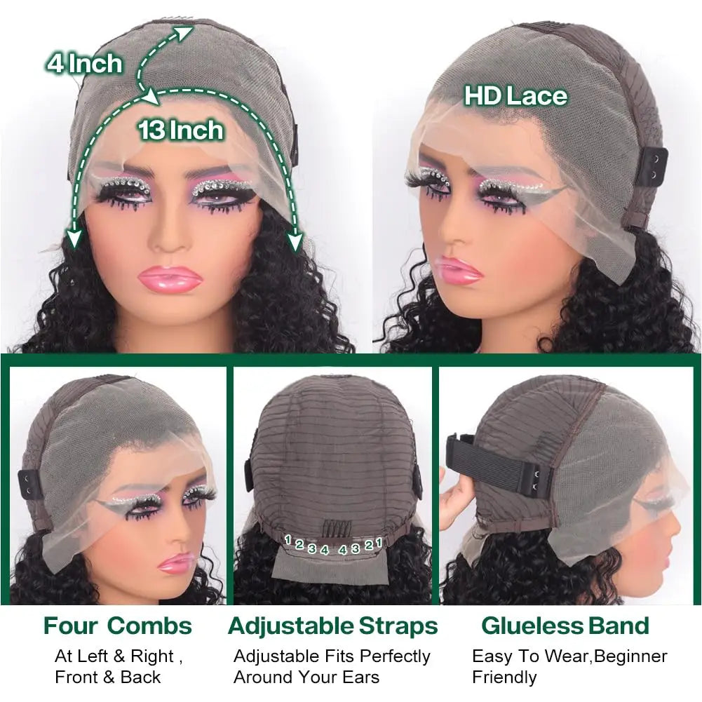 Deep Wave Bob Wig Human Hair Lace Front Wigs For Black Women Human Hair Invisible Lace Wigs 200 Density 13x4 #1B Natural Black