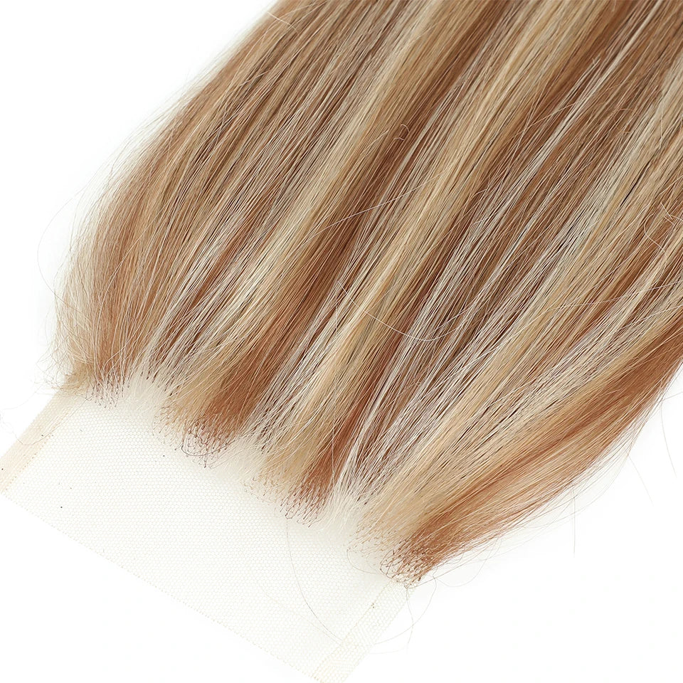 22inches Straight 4X4 Lace Closure Ombre Blond 27/613 Brown High Temperature Synthetic Heat Resistant Fiber Pre-Plucked Closure