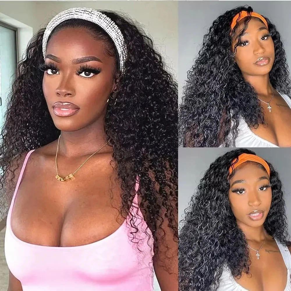Headband Wig Human Hair Kinky Curly Glueless Wig Full Machine Made Curly Headband Bob Wig 36 Inches Human Hair Wigs for Women