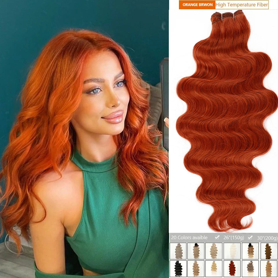 Copper Ginger Orange Body Wave Synthetic Hair Extensions for Women Cosplay Party Body Wave Hair Bundles Heat Resistant Fiber