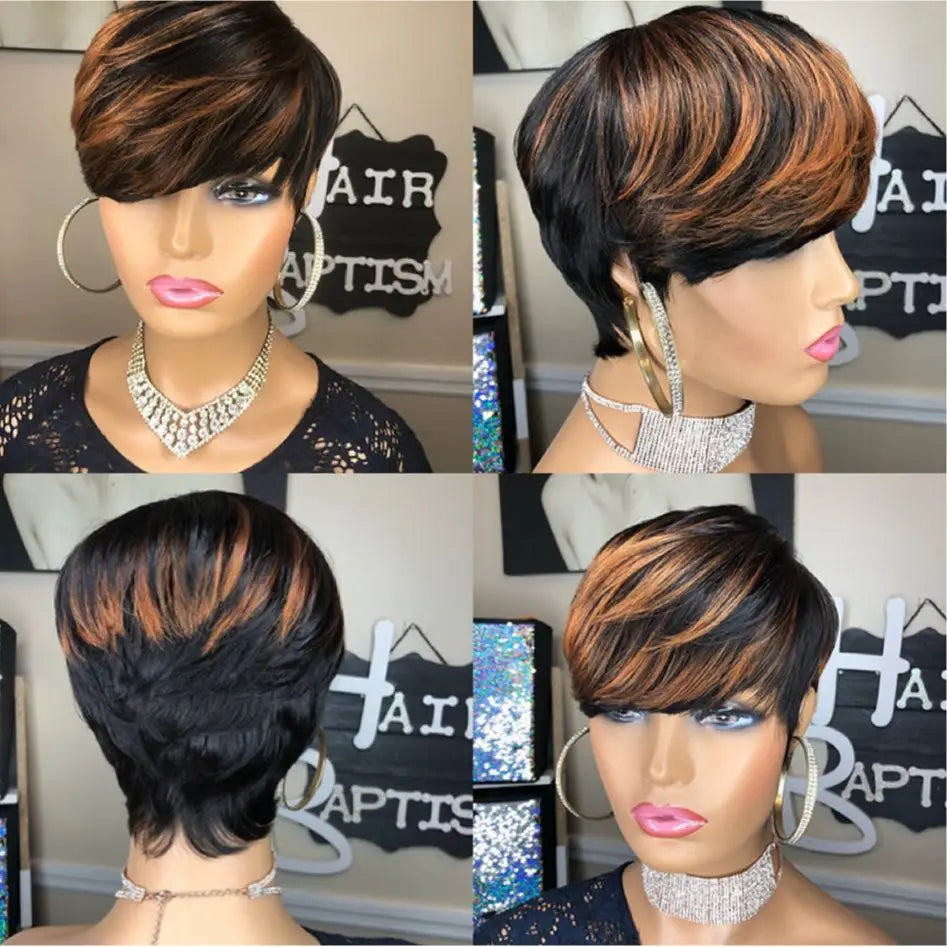 WIGERA Highlight Synthetic Wigs Short Straight Pixie Cut Hair Bob Wig Honey Gold Mix Black Hair For Woman