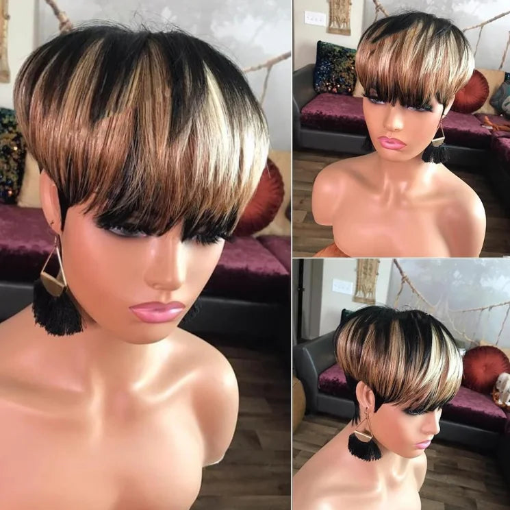 WIGERA Highlight Synthetic Wigs Short Straight Pixie Cut Hair Bob Wig Honey Gold Mix Black Hair For Woman