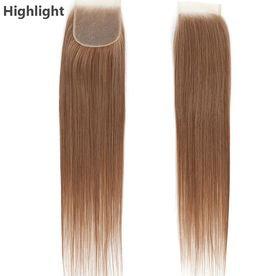 22inches Straight 4X4 Lace Closure Ombre Blond 27/613 Brown High Temperature Synthetic Heat Resistant Fiber Pre-Plucked Closure