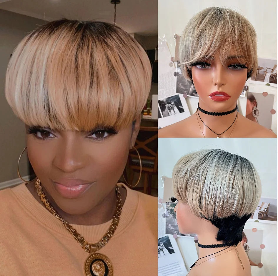 WIGERA Highlight Synthetic Wigs Short Straight Pixie Cut Hair Bob Wig Honey Gold Mix Black Hair For Woman