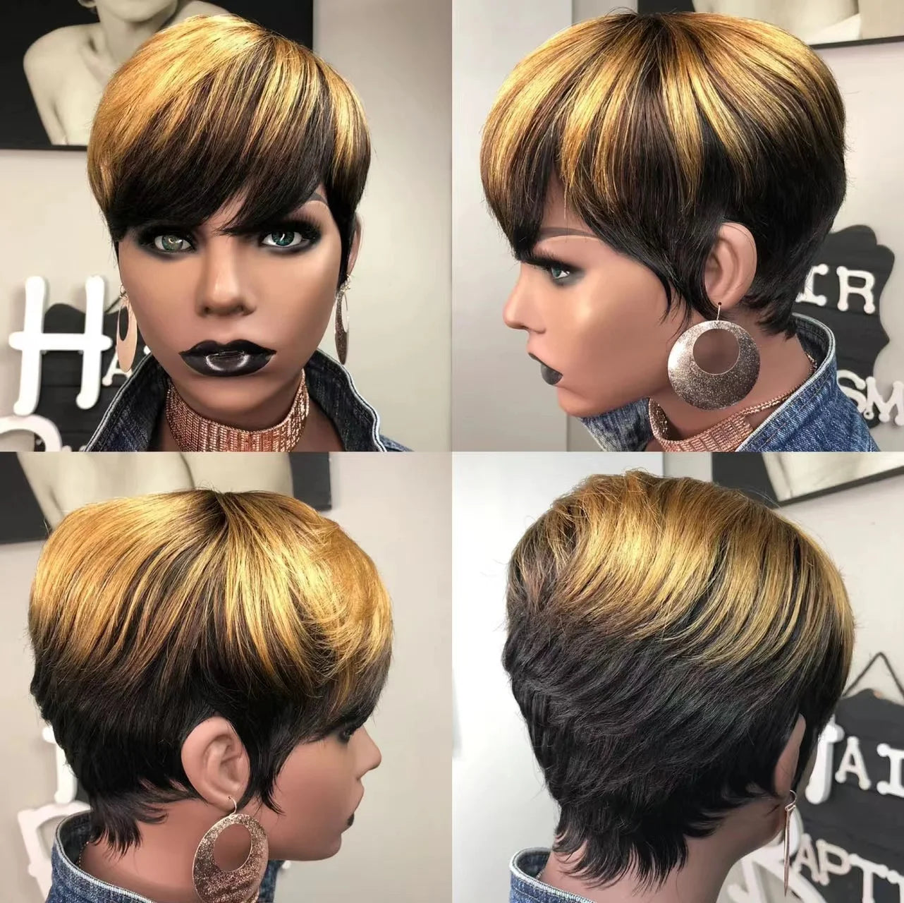 WIGERA Highlight Synthetic Wigs Short Straight Pixie Cut Hair Bob Wig Honey Gold Mix Black Hair For Woman