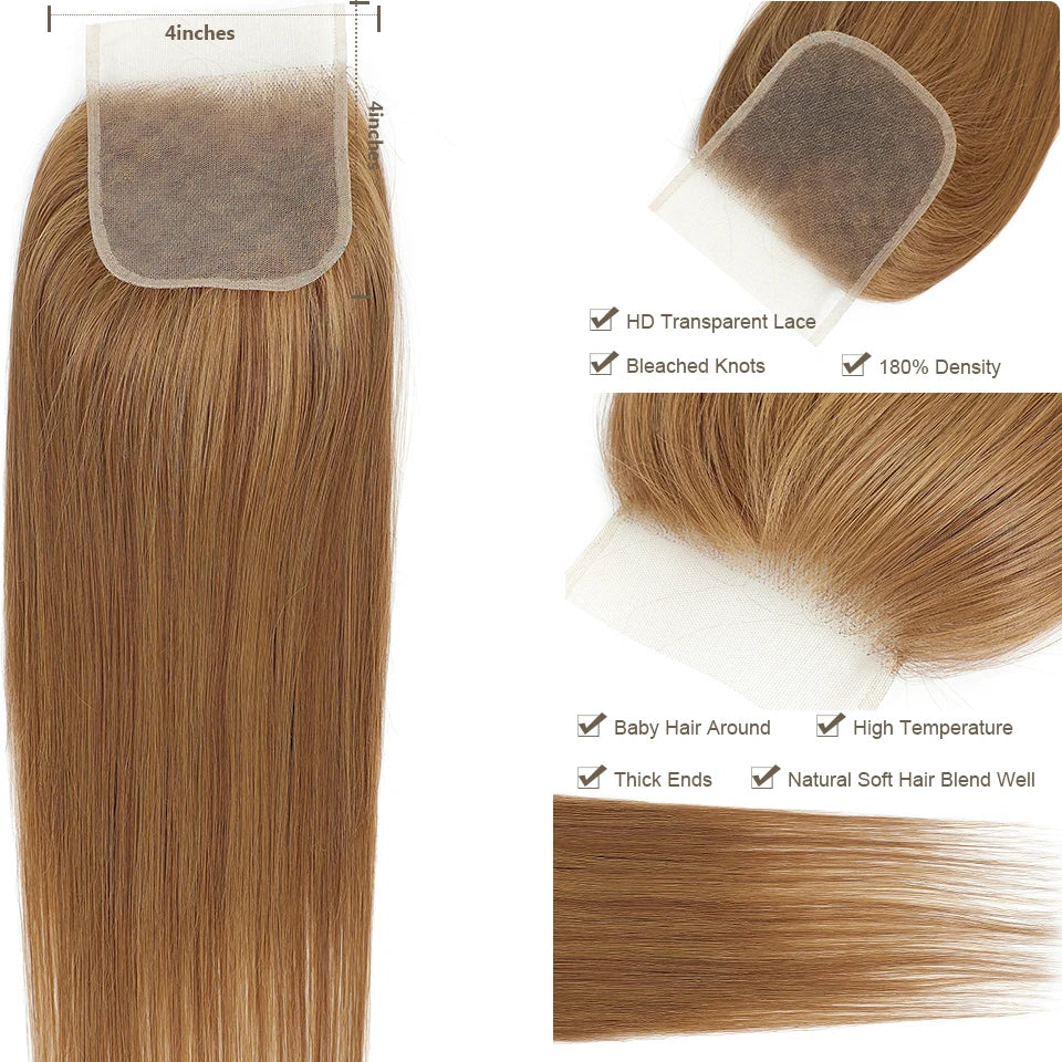 22inches Straight 4X4 Lace Closure Ombre Blond 27/613 Brown High Temperature Synthetic Heat Resistant Fiber Pre-Plucked Closure