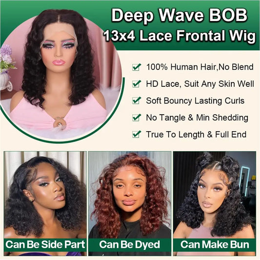 Deep Wave Bob Wig Human Hair Lace Front Wigs For Black Women Human Hair Invisible Lace Wigs 200 Density 13x4 #1B Natural Black