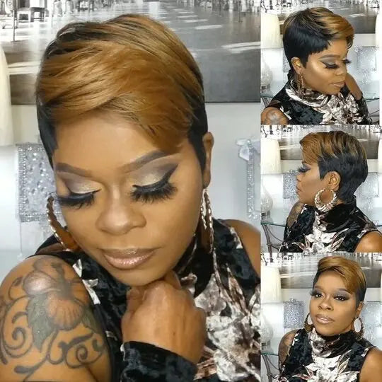 WIGERA Highlight Synthetic Wigs Short Straight Pixie Cut Hair Bob Wig Honey Gold Mix Black Hair For Woman