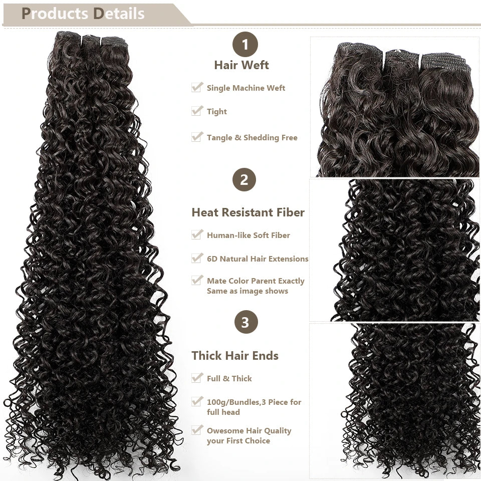 30inches Black Jerry Curly Synthetic Hair Extensions Heat Resistant Fiber Human-Like Soft Kinky Curly Fake Hair Weave Bundles