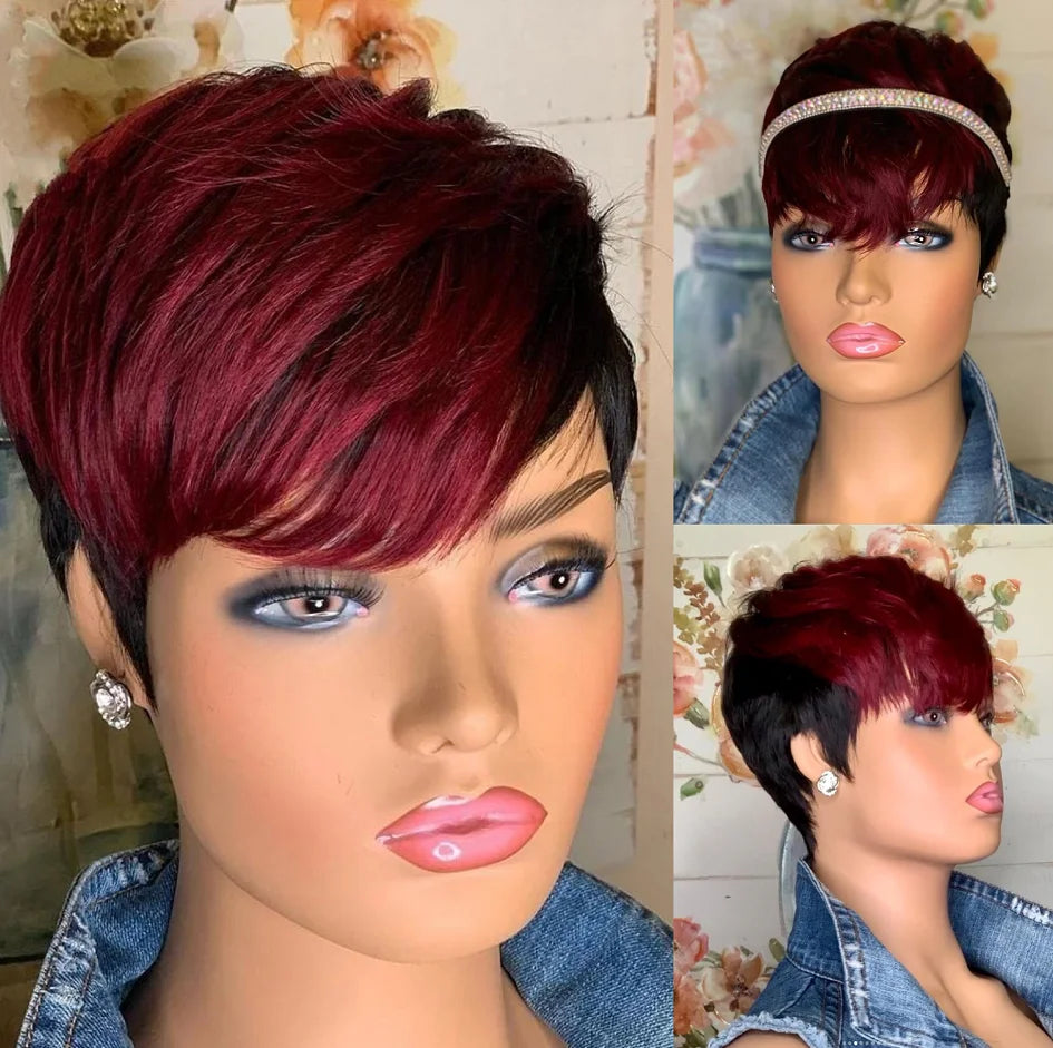 WIGERA Highlight Synthetic Wigs Short Straight Pixie Cut Hair Bob Wig Honey Gold Mix Black Hair For Woman