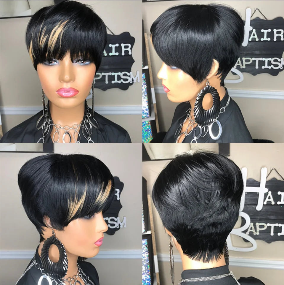 WIGERA Highlight Synthetic Wigs Short Straight Pixie Cut Hair Bob Wig Honey Gold Mix Black Hair For Woman