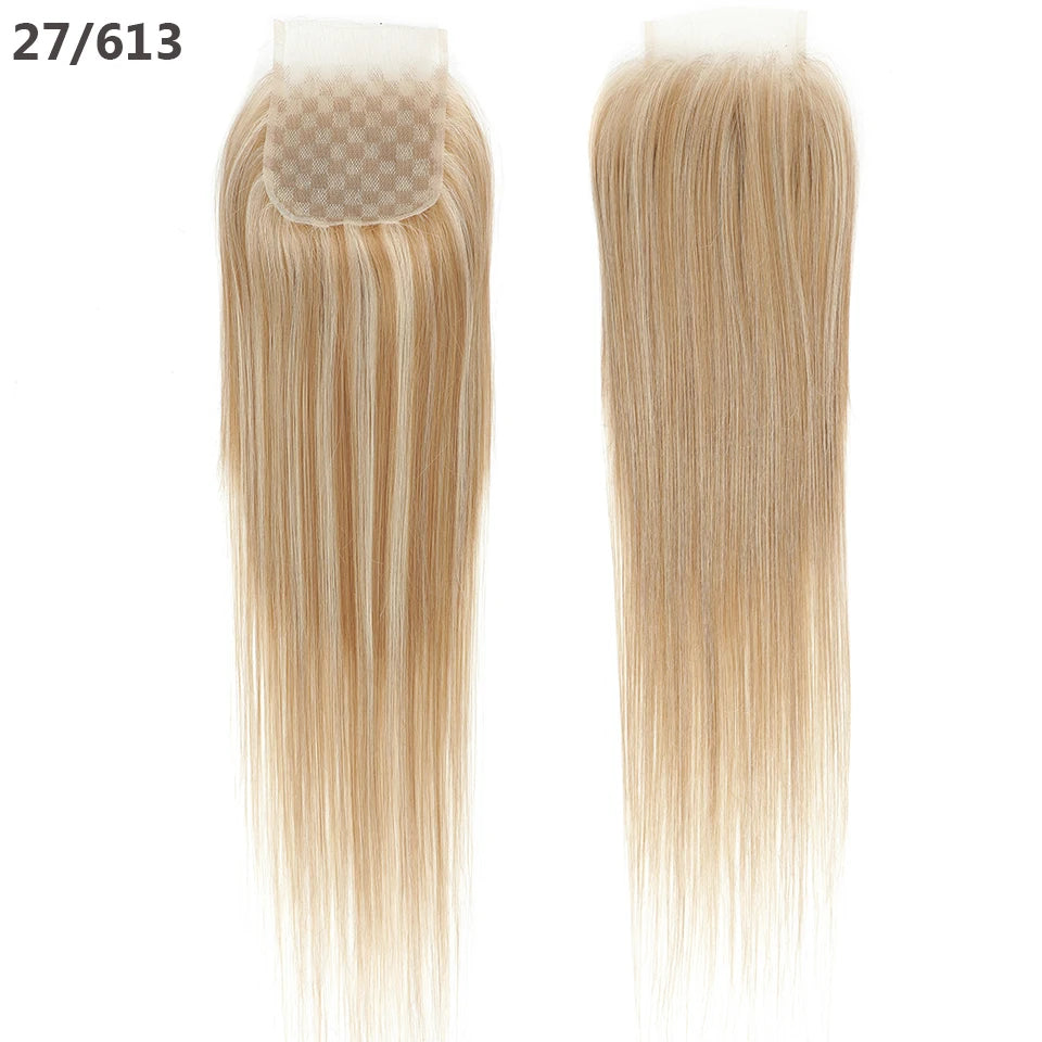 22inches Straight 4X4 Lace Closure Ombre Blond 27/613 Brown High Temperature Synthetic Heat Resistant Fiber Pre-Plucked Closure